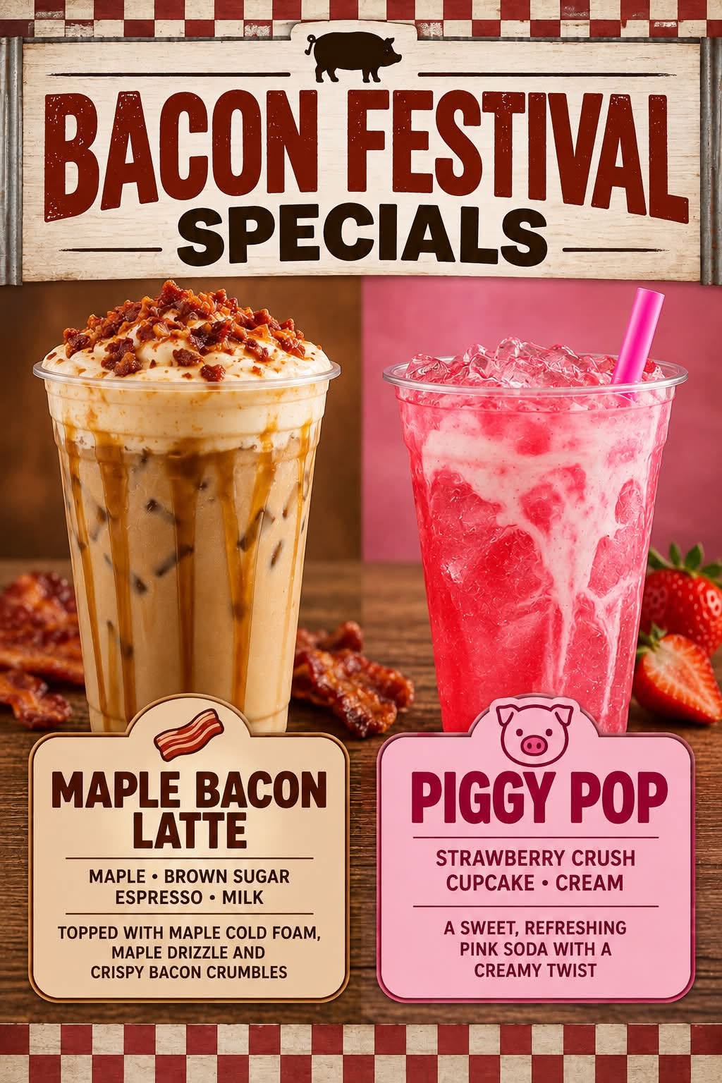 Bacon Festival specials poster featuring the Maple Bacon Latte and the Piggy Pop
