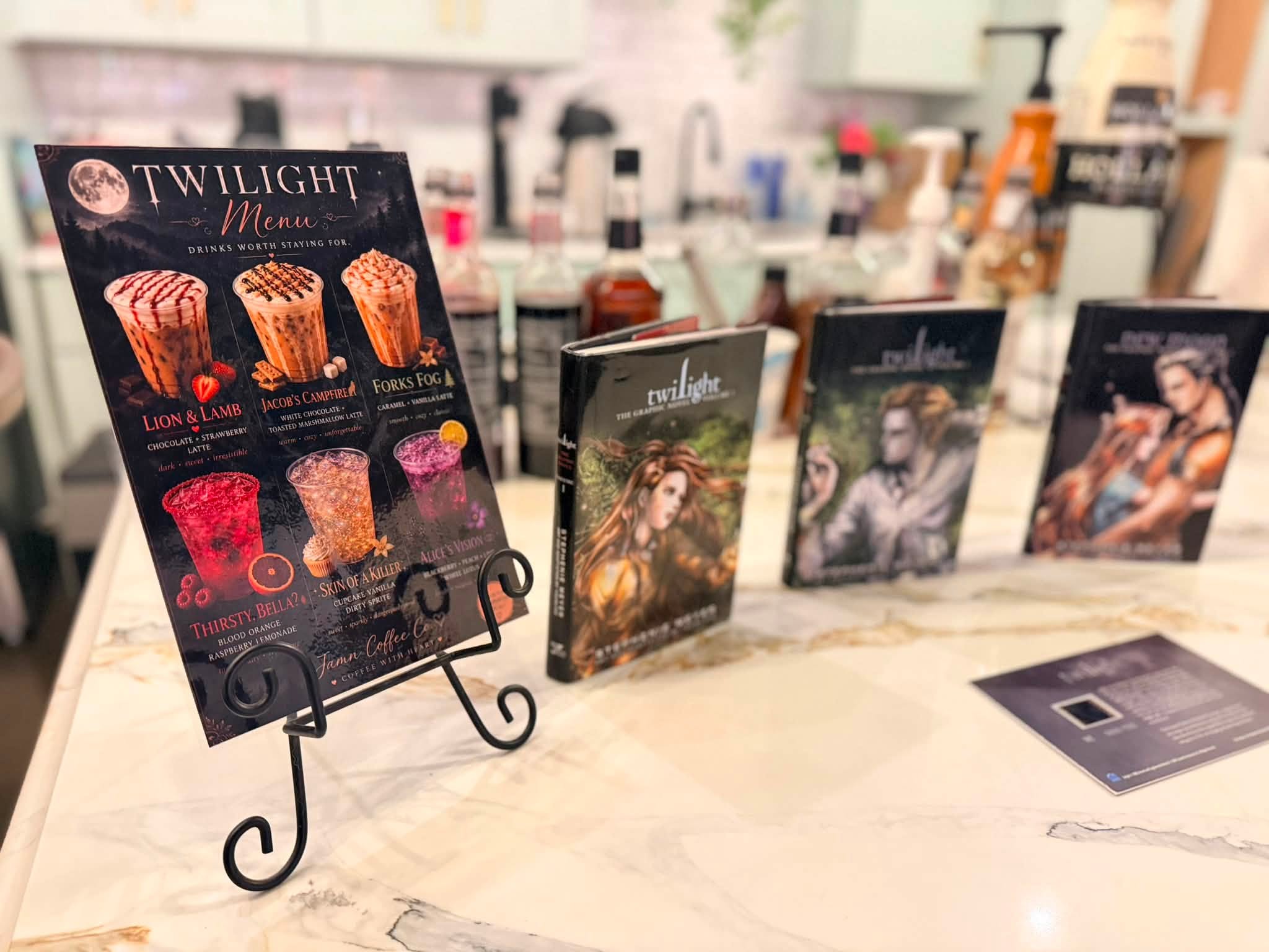 The Twilight themed drink menu on a counter